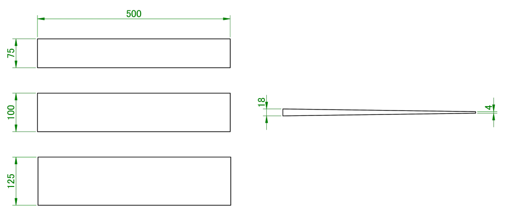 Depiction of shingle sizes, with the smallest being 75 millimetres, the medium being 100 and the largest being 125. The shingles are 18 millimetres thick at the thickest end and 4 at the thinnest.